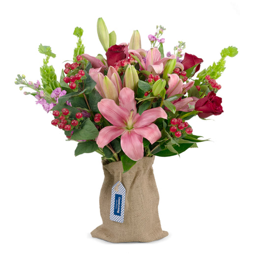 Country Living Valentines Rose and Lilly  Bouquet, 22 Stems with Vase Included, Red and White