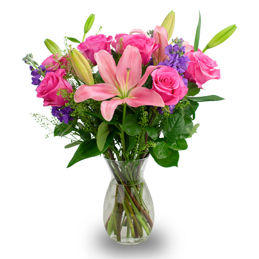 Colour Republic Pink Roses and Pink Lilies, 16 Fresh Flowers with Vase…